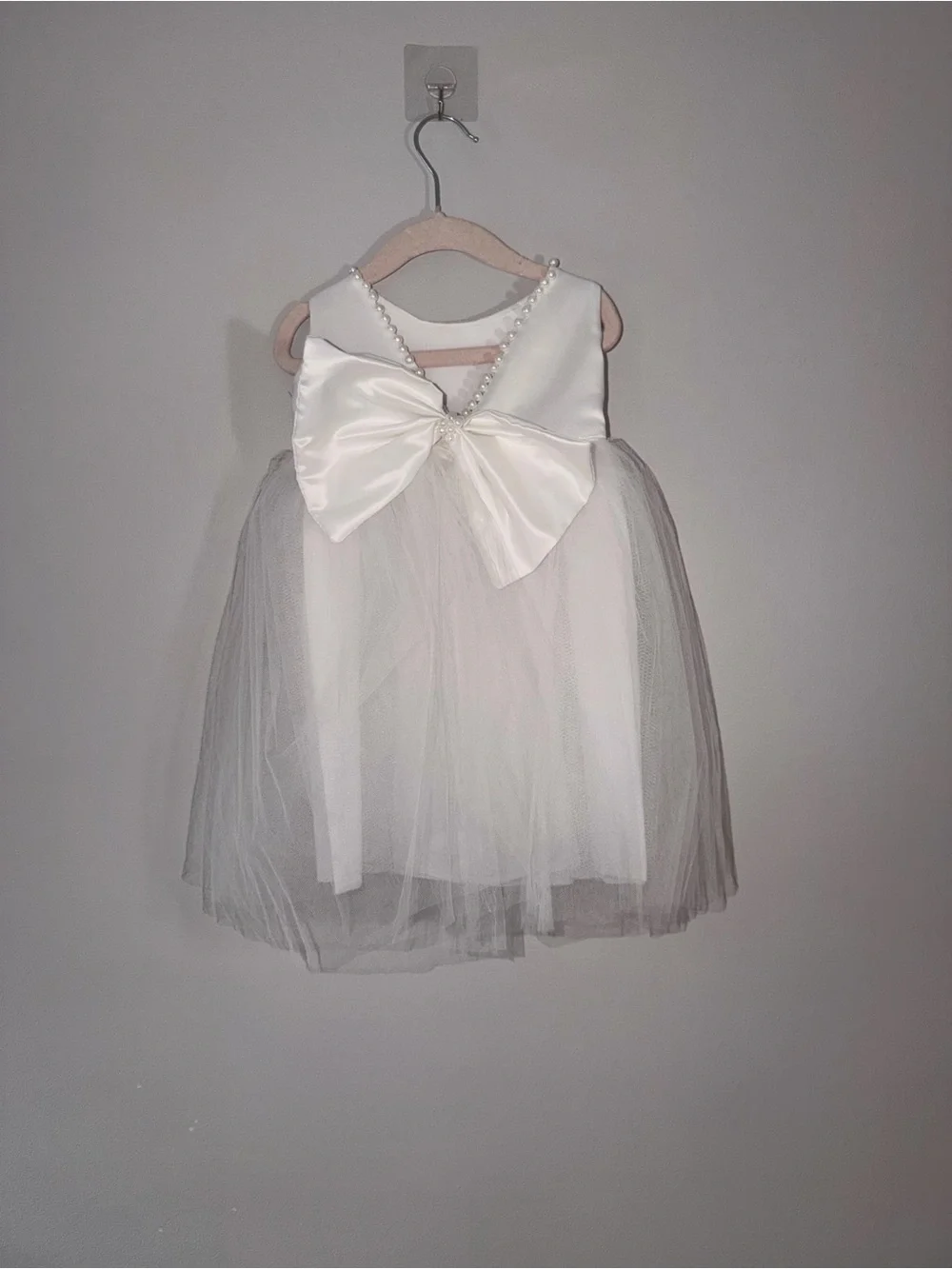 Baby Girls White Satin Tulle Dress Set with Bloomers & Headband 6-12M